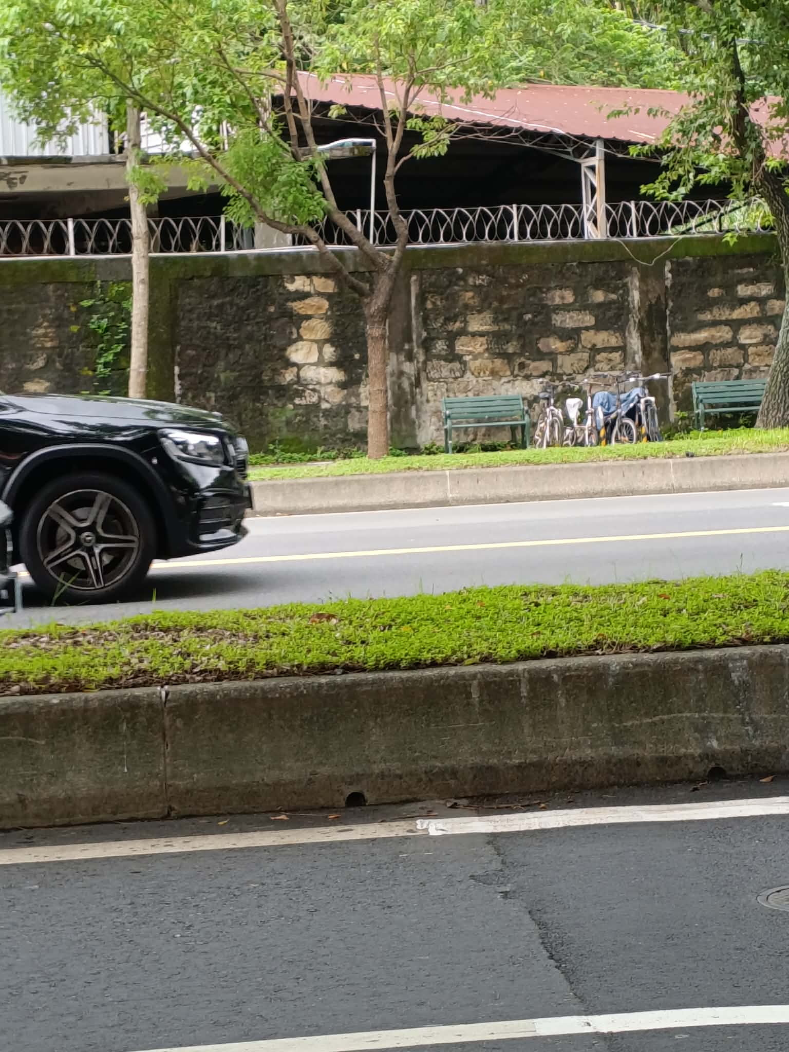 A car driving down a wide, tree-lined road near Ming Chuan University, with bicycles and benches on the median